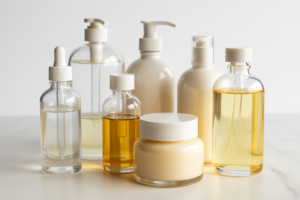 Clean minimalist product photo showing several skincare bottles and jars on a light marble surface, including dropper serums, pump bottles, facial oil, and moisturizer in neutral glass containers.