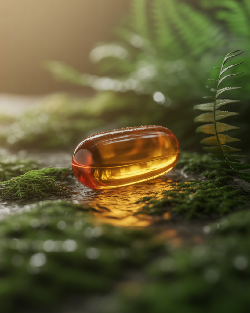 Close-up of a golden vitamin E softgel capsule resting on moss and fern leaves with warm natural sunlight, symbolizing vitamin E as a skin-nourishing antioxidant used in skincare.