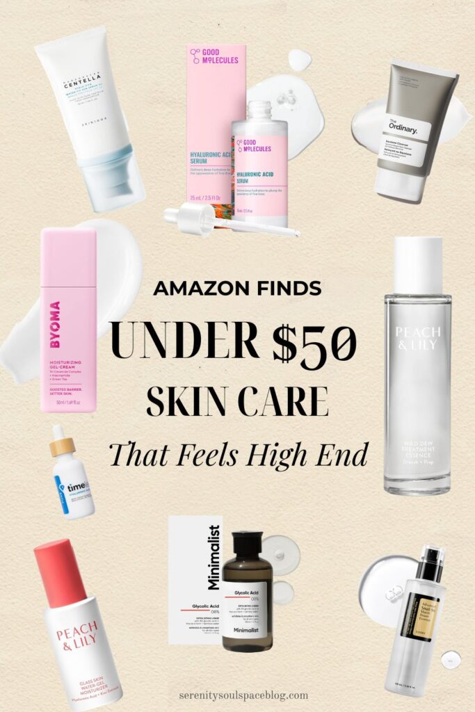 Collage-style skincare graphic featuring popular Amazon skincare products under $50, including cleansers, serums, moisturizers, and sunscreen from brands like Good Molecules, COSRX, Peach & Lily, BYOMA, The Ordinary, and e.l.f., with the text “Amazon Finds Under $50 Skin Care That Feels High End."