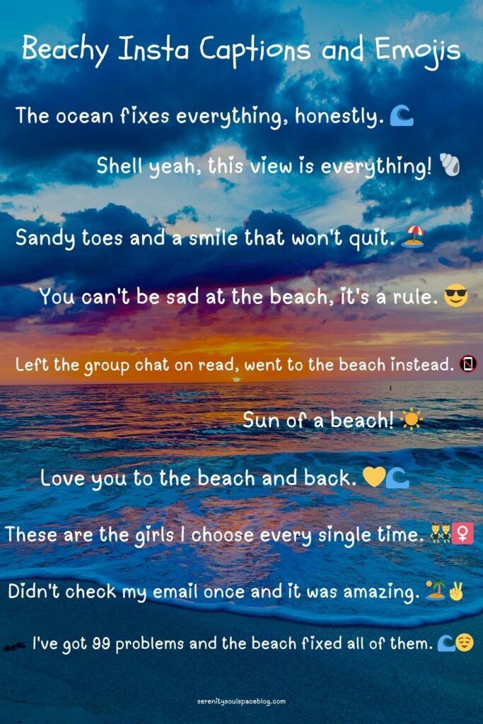 Pinterest-style graphic with a vibrant ocean sunset background featuring waves, colorful clouds, and a glowing horizon. White text overlay reads “Beachy Insta Captions and Emojis” followed by a list of short beach-themed captions with emojis about relaxing, friendship, and enjoying the beach.