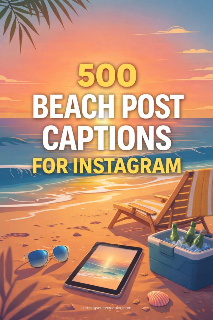 Vertical Pinterest-style beach illustration at sunset with warm orange and pink skies reflecting on the ocean. Large centered text reads “500 Beach Post Captions for Instagram.” In the foreground, blue sunglasses rest on the sand, while a beach chair with a towel and a cooler filled with bottles sit nearby. An iPad on the sand displays a beach scene, surrounded by seashells and soft shadows from palm leaves overhead.