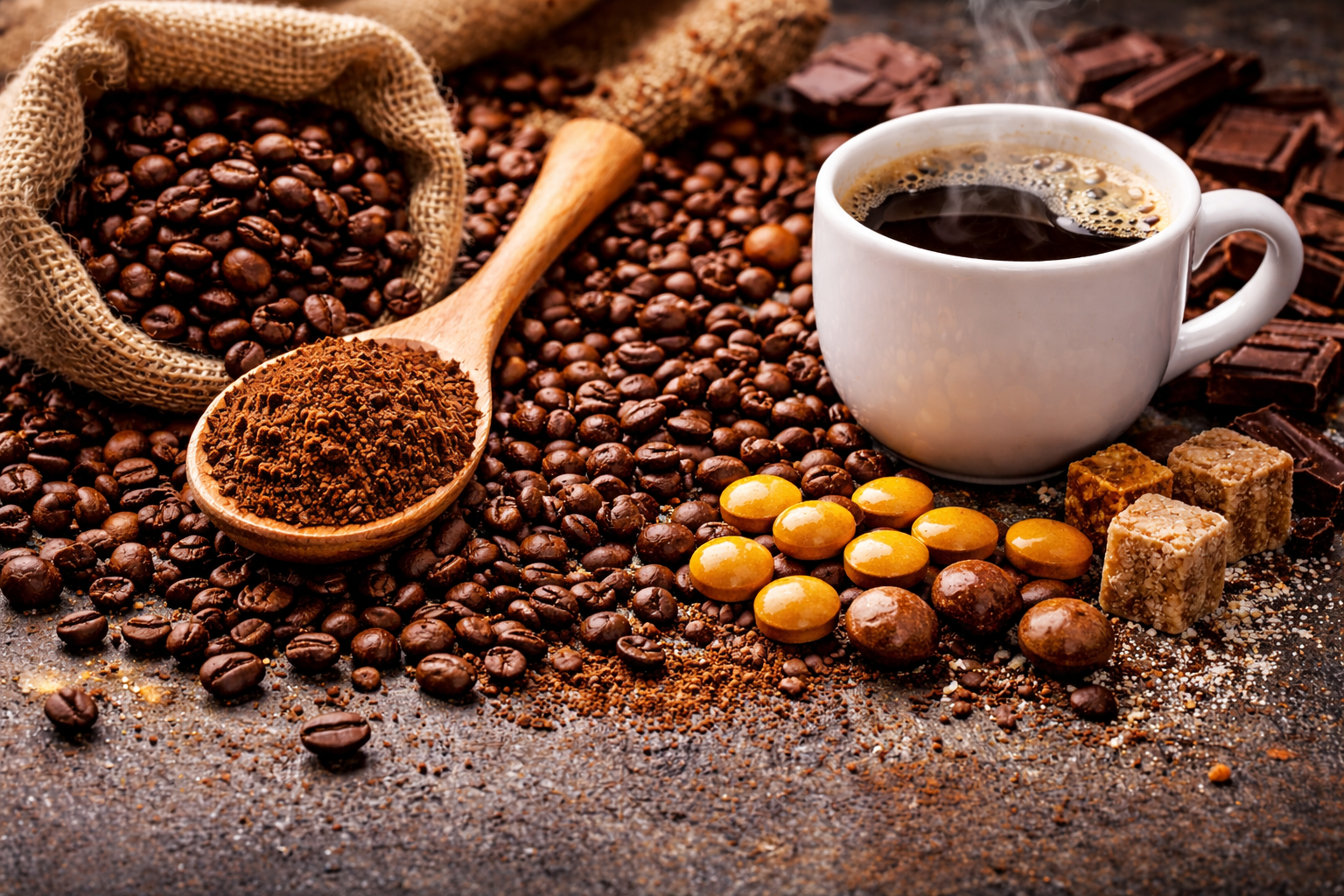 High-resolution image of caffeine sources including roasted coffee beans spilling from a burlap sack, a wooden spoon filled with ground coffee, a steaming cup of black coffee, dark chocolate pieces, and sugar cubes arranged on a textured surface.