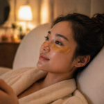 Close-up of a woman lying on her bed wearing gold under-eye gel patches, relaxing while watching TV in a softly lit, stylish bedroom with warm, cozy lighting.