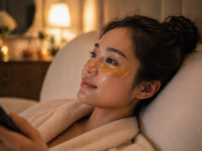 Close-up of a woman lying on her bed wearing gold under-eye gel patches, relaxing while watching TV in a softly lit, stylish bedroom with warm, cozy lighting.