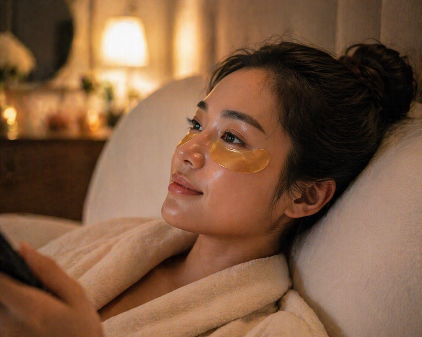 Close-up of a woman lying on her bed wearing gold under-eye gel patches, relaxing while watching TV in a softly lit, stylish bedroom with warm, cozy lighting.