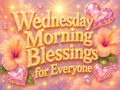 Glittery pastel design with gold 3D text reading “Wednesday Morning Blessings for Everyone,” surrounded by sparkling stars, pink crystal hearts, and soft peach hibiscus flowers against a dreamy cloud-filled background.