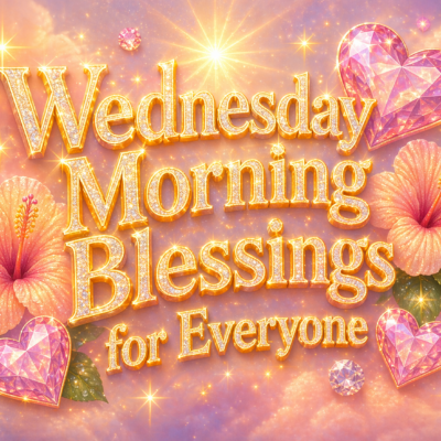 Glittery pastel design with gold 3D text reading “Wednesday Morning Blessings for Everyone,” surrounded by sparkling stars, pink crystal hearts, and soft peach hibiscus flowers against a dreamy cloud-filled background.