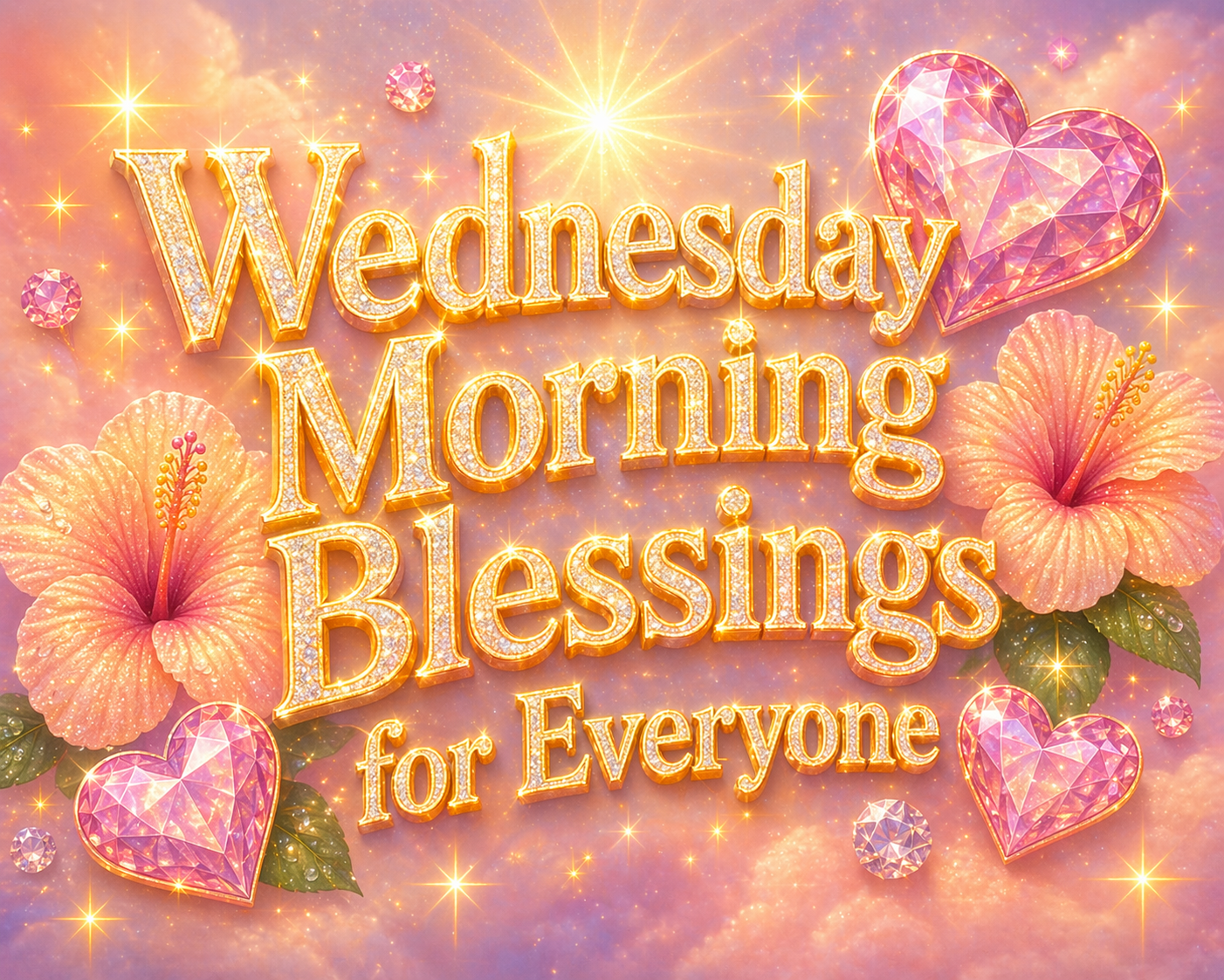 Glittery pastel design with gold 3D text reading “Wednesday Morning Blessings for Everyone,” surrounded by sparkling stars, pink crystal hearts, and soft peach hibiscus flowers against a dreamy cloud-filled background.