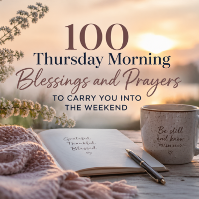 Peaceful sunrise scene with a warm glow over a lake, featuring a cozy setup with a coffee mug, open journal, pen, soft blanket, and delicate flowers. Text overlay reads “100 Thursday Morning Blessings and Prayers to Carry You Into the Weekend,” creating a calm, reflective atmosphere.