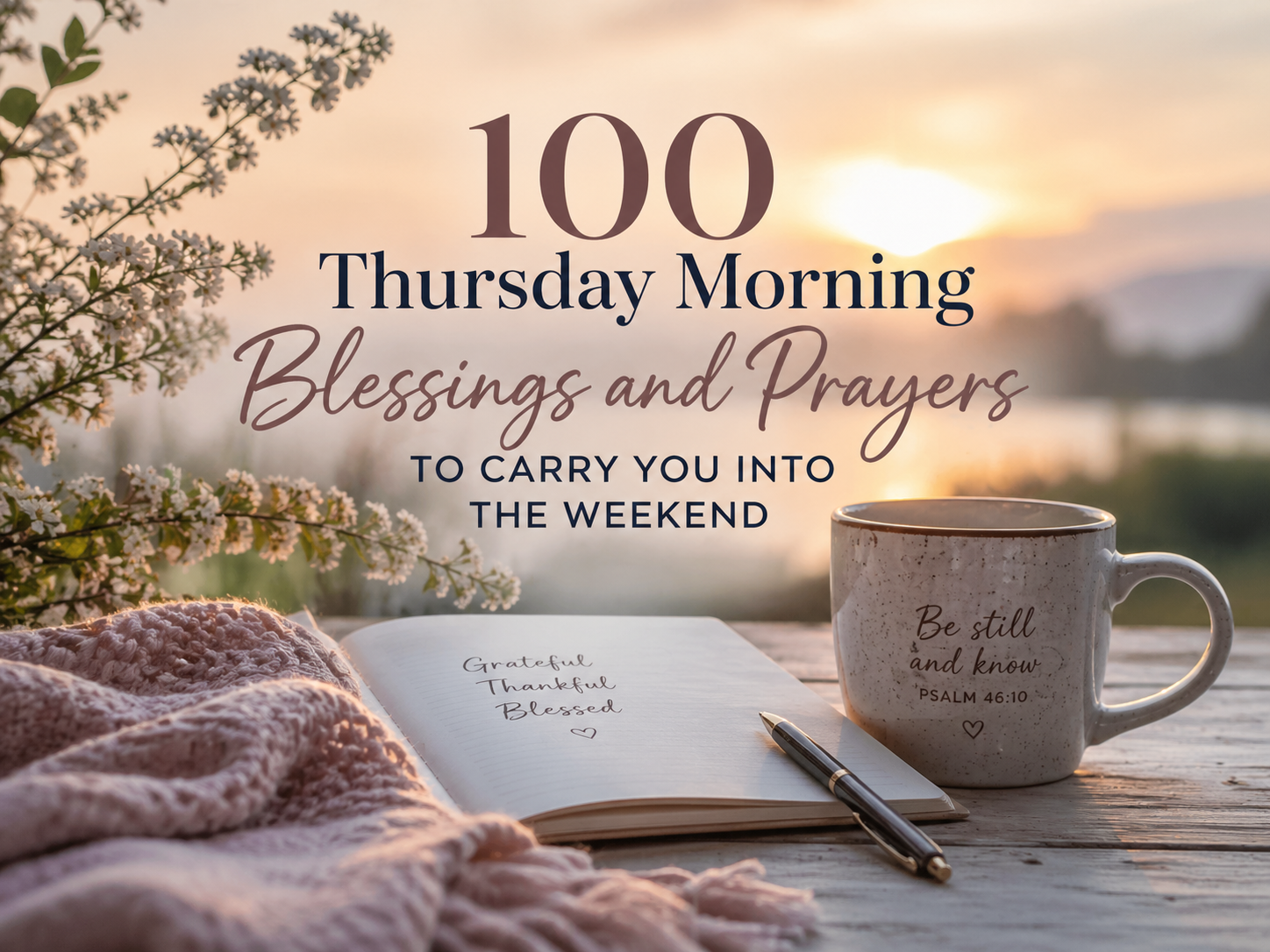 Peaceful sunrise scene with a warm glow over a lake, featuring a cozy setup with a coffee mug, open journal, pen, soft blanket, and delicate flowers. Text overlay reads “100 Thursday Morning Blessings and Prayers to Carry You Into the Weekend,” creating a calm, reflective atmosphere.