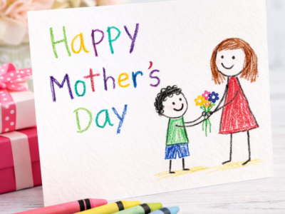 Handmade Mother’s Day card with colorful crayon writing that says “Happy Mother’s Day,” featuring a childlike drawing of a child giving flowers to his mom, with crayons and wrapped gifts nearby on a white surface.