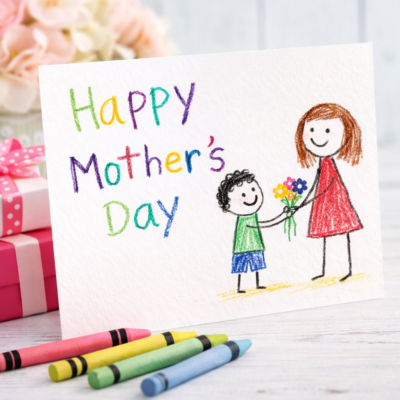 Handmade Mother’s Day card with colorful crayon writing that says “Happy Mother’s Day,” featuring a childlike drawing of a child giving flowers to his mom, with crayons and wrapped gifts nearby on a white surface.