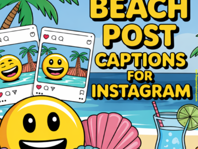 Square Pinterest-style graphic with a bright beach scene featuring palm trees, ocean waves, colorful seashells, and a tropical drink. In the foreground, a large smiling emoji sits on the sand with Instagram-style photo frames showing beach scenes behind it. Bold yellow text reads “500 Beach Post Captions for Instagram.”