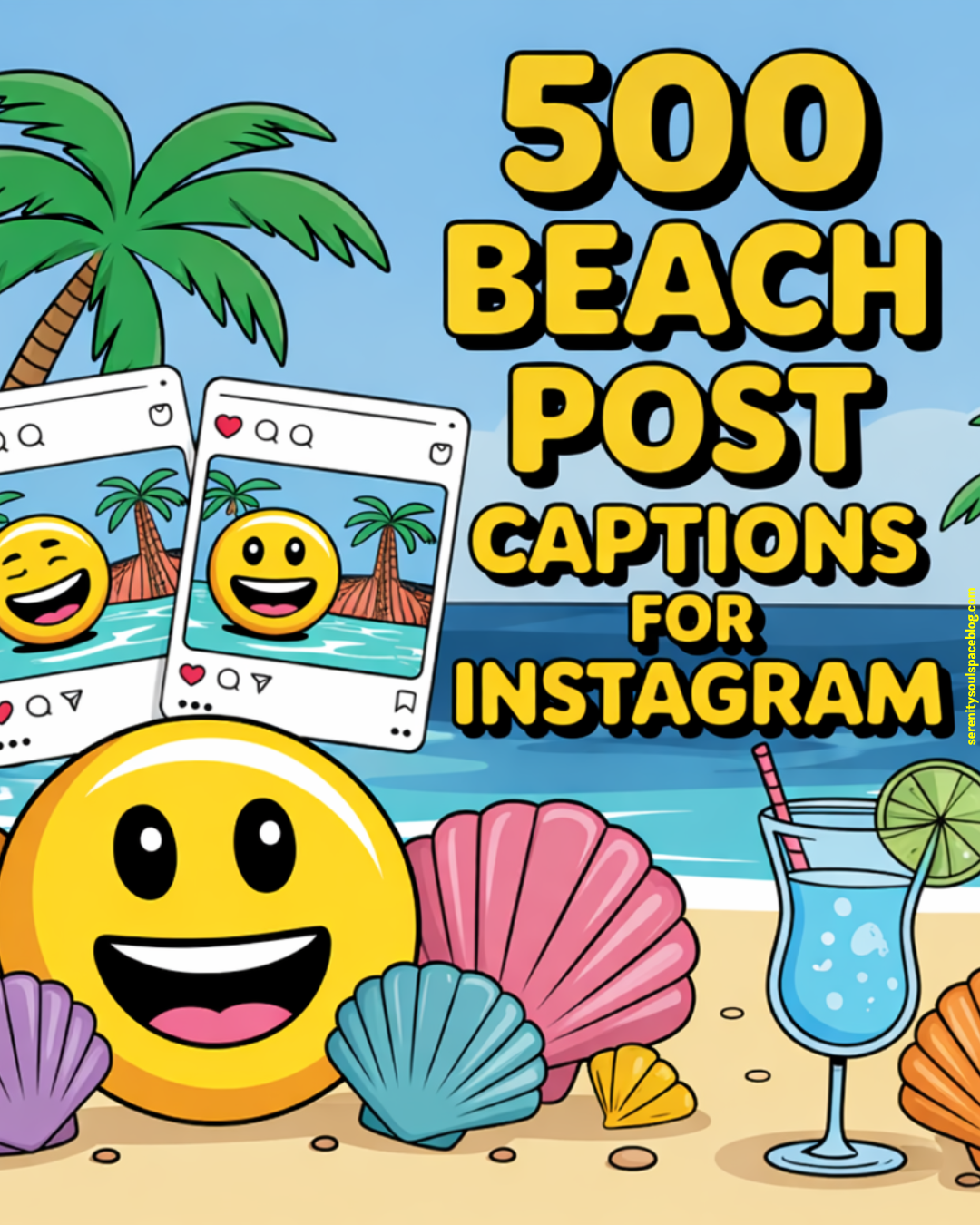 Square Pinterest-style graphic with a bright beach scene featuring palm trees, ocean waves, colorful seashells, and a tropical drink. In the foreground, a large smiling emoji sits on the sand with Instagram-style photo frames showing beach scenes behind it. Bold yellow text reads “500 Beach Post Captions for Instagram.”