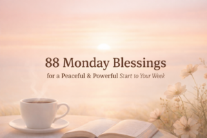 Soft sunrise background with warm peach and golden tones, featuring a steaming white coffee cup and an open book beside delicate flowers. Centered text reads “88 Monday Blessings for a Peaceful & Powerful Start to Your Week,” creating a calm and reflective morning atmosphere.