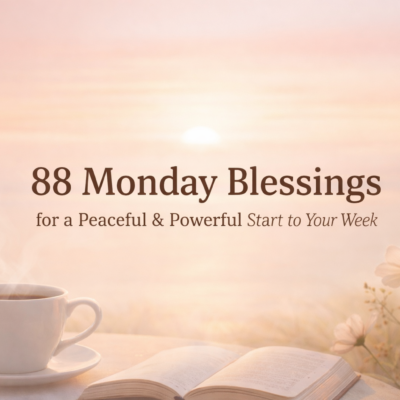 Soft sunrise background with warm peach and golden tones, featuring a steaming white coffee cup and an open book beside delicate flowers. Centered text reads “88 Monday Blessings for a Peaceful & Powerful Start to Your Week,” creating a calm and reflective morning atmosphere.