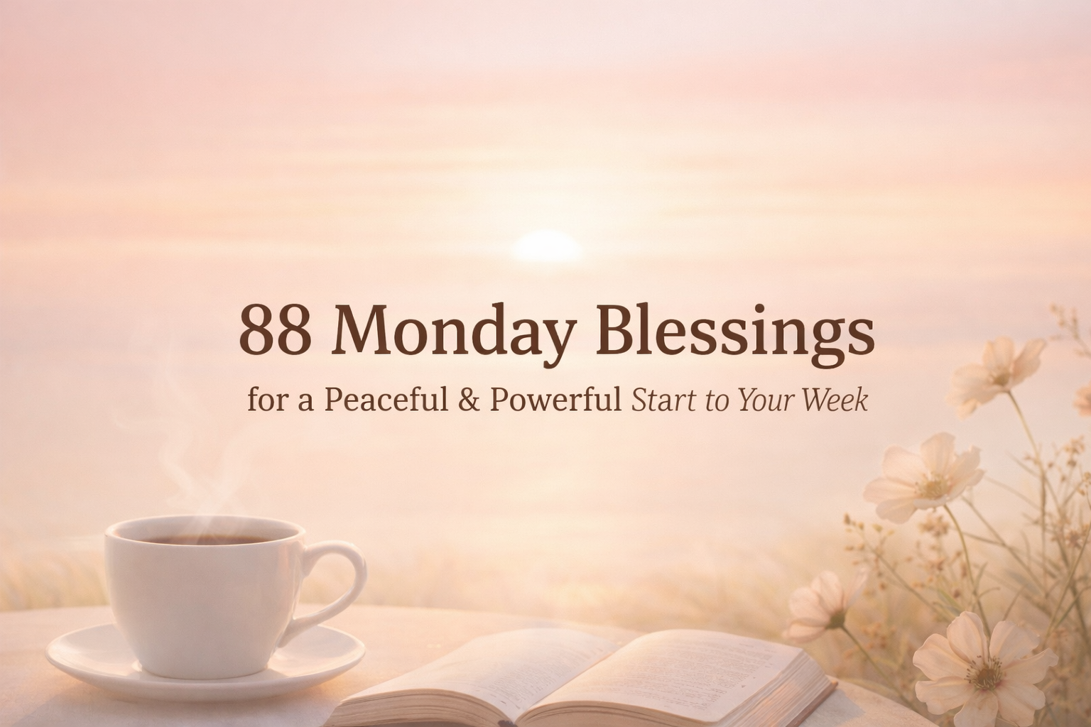 Soft sunrise background with warm peach and golden tones, featuring a steaming white coffee cup and an open book beside delicate flowers. Centered text reads “88 Monday Blessings for a Peaceful & Powerful Start to Your Week,” creating a calm and reflective morning atmosphere.