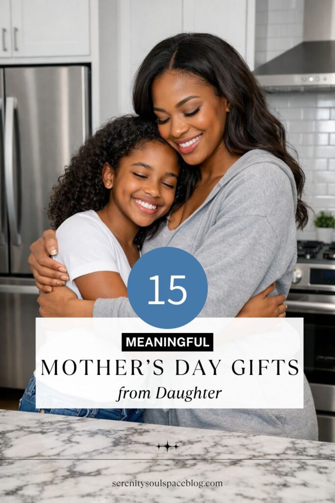 Mother and daughter hugging warmly in a modern white and gray kitchen with stainless steel appliances and marble countertops, overlaid with text that reads “15 Meaningful Mother’s Day Gifts from Daughter” and the website serenitysoulspaceblog.com at the bottom.