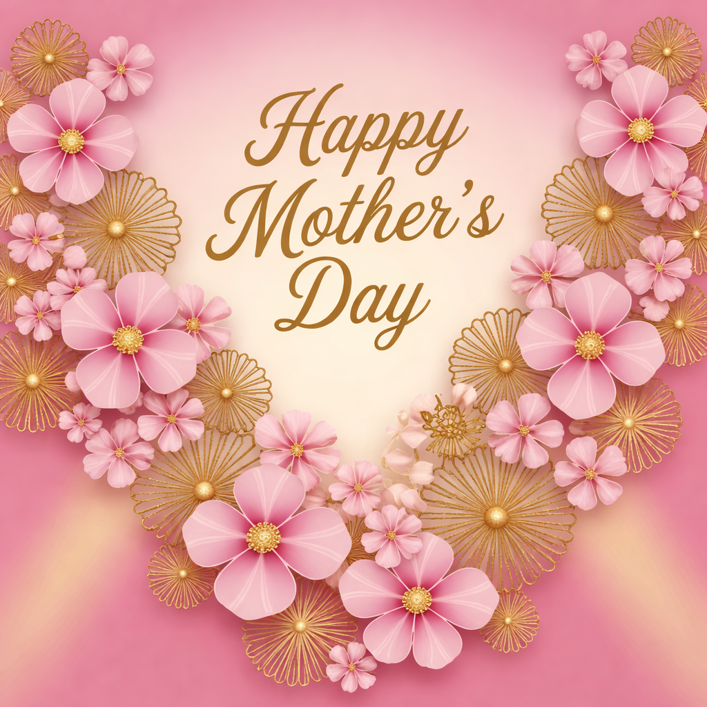 Square featured image with a soft pink and cream gradient background, elegant gold “Happy Mother’s Day” script centered at the top, and a decorative floral arrangement of pink blossoms and gold geometric flowers forming a curved wreath along the bottom.