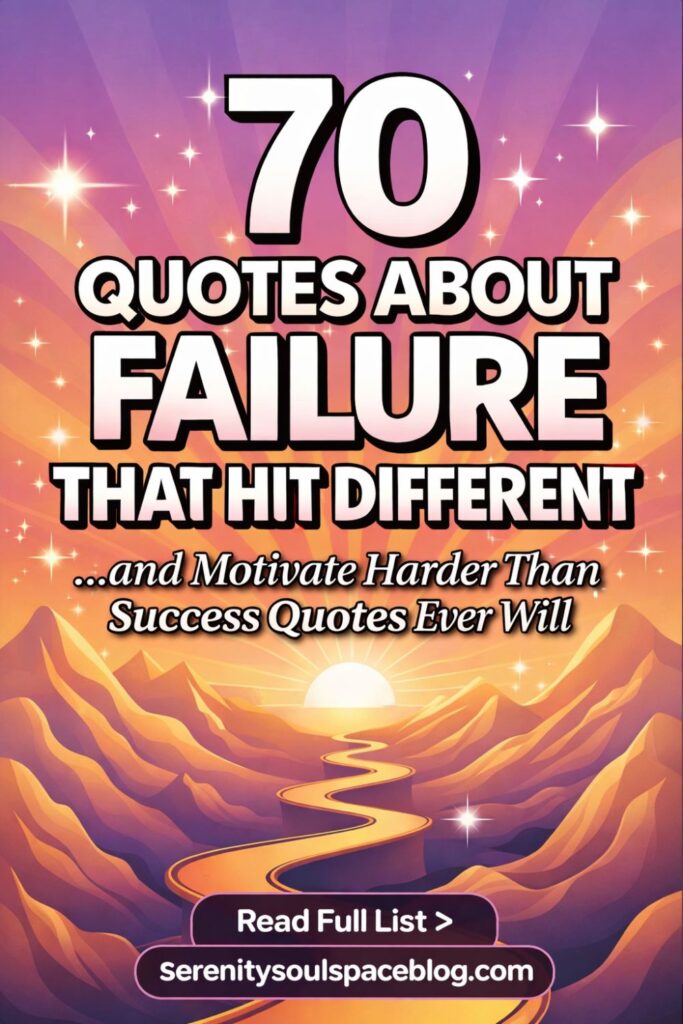 Vibrant Pinterest pin featuring a glowing sunrise over stylized mountains with a winding golden path leading toward the horizon. Large, bold white text reads “70 Quotes About Failure That Hit Different,” surrounded by bright star sparkles. A smaller subtitle about motivation appears below, with a call-to-action button at the bottom that says “Read Full List > serenitysoulspaceblog.com.”