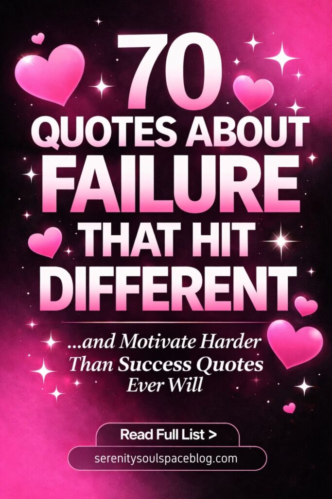 Bold Pinterest pin with a black-to-hot-pink gradient background featuring oversized white and pink text that reads “70 Quotes About Failure That Hit Different.” Large glowing pink hearts and bright star sparkles surround the text, with a subtitle about motivation and a call-to-action button at the bottom reading “Read Full List > serenitysoulspaceblog.com.”