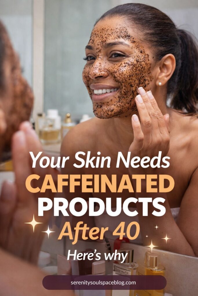 A woman with her hair in a ponytail applies a coffee grounds face mask while smiling in her bathroom mirror, surrounded by neatly arranged skincare and perfume bottles. Overlaid text reads “Your Skin Needs Caffeinated Products After 40 – Here’s why” with a link to serenitysoulspaceblog.com.