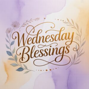 Elegant watercolor graphic featuring the words "Wednesday Blessings" in ornate gold calligraphy on a soft lavender, cream, and warm peach background with delicate botanical leaves and subtle floral accents, creating a peaceful, feminine faith-inspired design.