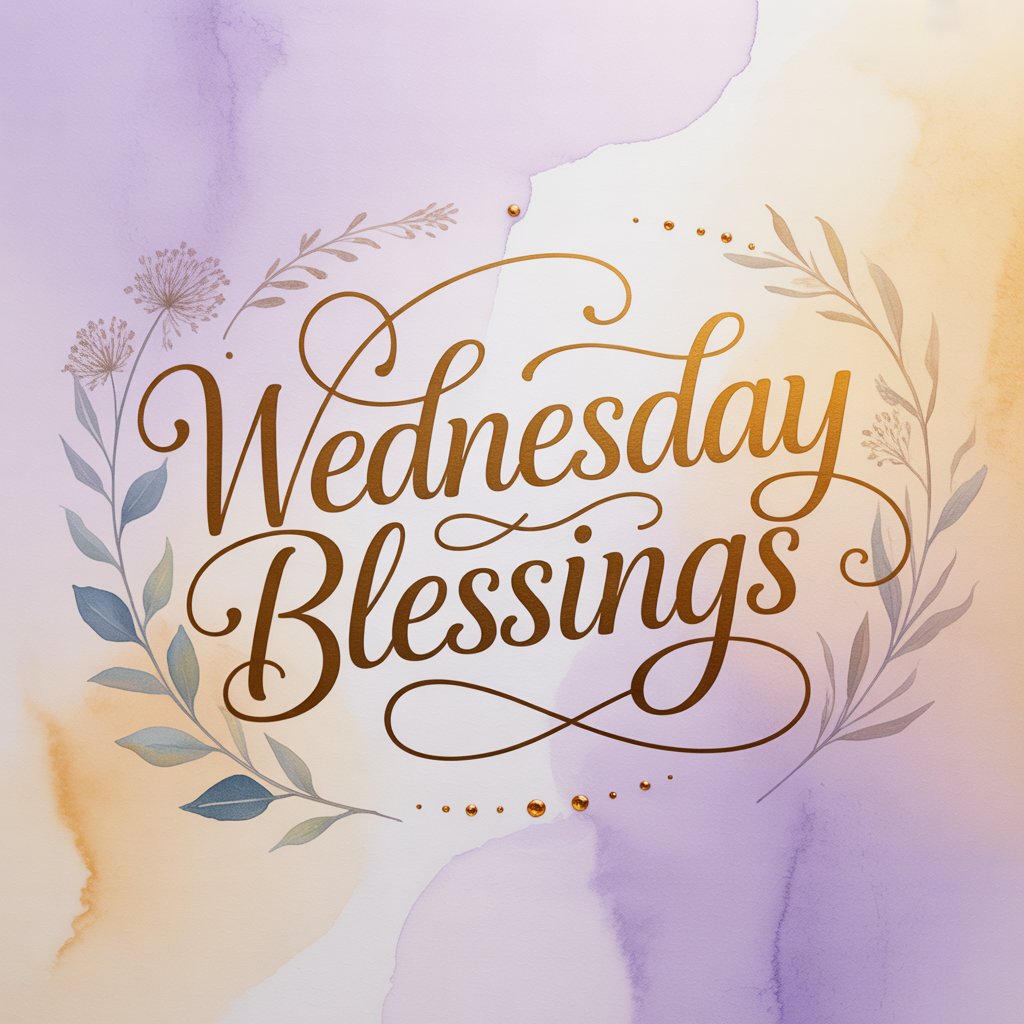 Elegant watercolor graphic featuring the words "Wednesday Blessings" in ornate gold calligraphy on a soft lavender, cream, and warm peach background with delicate botanical leaves and subtle floral accents, creating a peaceful, feminine faith-inspired design.