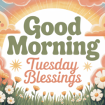 Whimsical illustrated sunrise scene with smiling sun faces peeking through clouds, surrounded by pastel flowers and greenery. Center text reads “Good Morning Tuesday Blessings” in soft green and peach tones, creating a cheerful and uplifting vibe.