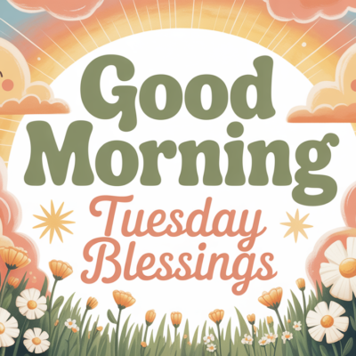 Whimsical illustrated sunrise scene with smiling sun faces peeking through clouds, surrounded by pastel flowers and greenery. Center text reads “Good Morning Tuesday Blessings” in soft green and peach tones, creating a cheerful and uplifting vibe.