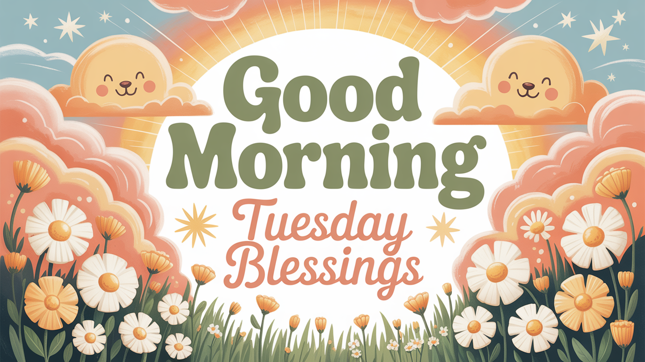 Whimsical illustrated sunrise scene with smiling sun faces peeking through clouds, surrounded by pastel flowers and greenery. Center text reads “Good Morning Tuesday Blessings” in soft green and peach tones, creating a cheerful and uplifting vibe.