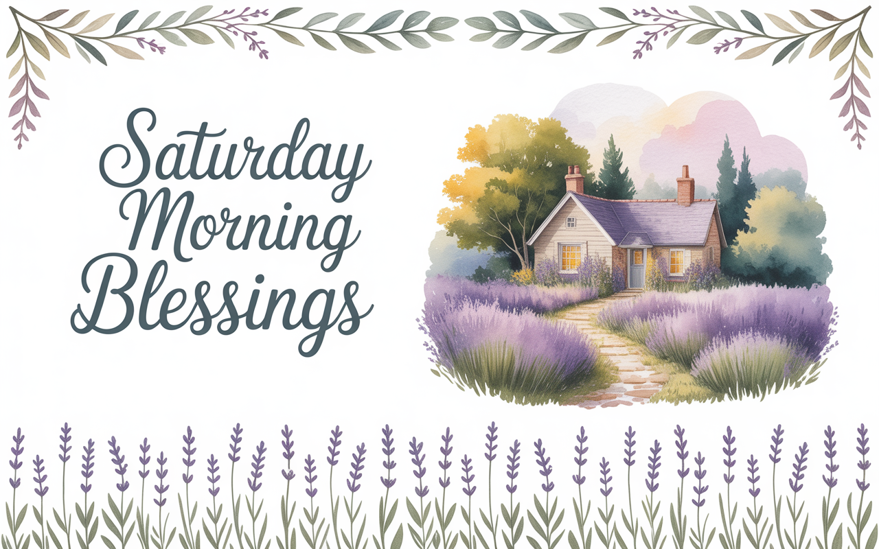Soft, watercolor-style illustration of a cozy cottage surrounded by lavender fields, with a winding path leading to the front door. The phrase “Saturday Morning Blessings” appears in elegant script on the left, framed by delicate leafy borders at the top and bottom on a light, airy background.