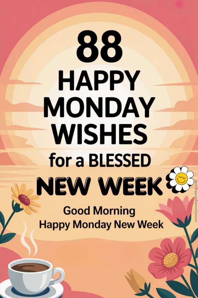 Pinterest-style graphic with a warm sunrise background and soft rainbow tones, featuring bold text that reads “88 Happy Monday Wishes for a Blessed New Week.” A steaming cup of coffee sits at the bottom left, surrounded by colorful flowers and a small smiling daisy, creating a calm and uplifting morning vibe.