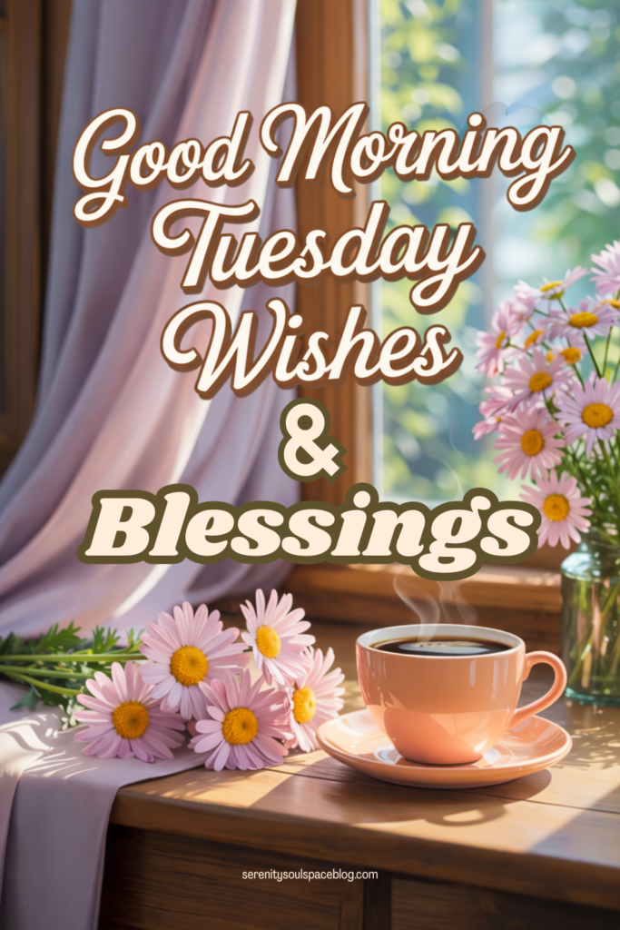 Cozy morning scene by a sunlit window featuring a steaming peach coffee cup and pink daisies on a wooden table. Soft curtains frame the background, with text overlay reading “Good Morning Tuesday Wishes & Blessings,” creating a warm and peaceful start-to-the-day vibe.