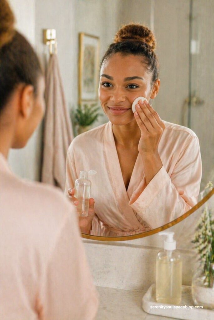 Woman standing in front of a bathroom mirror applying toner to her face with a cotton pad, wearing a soft robe. A clear, unbranded skincare bottle sits on the counter beside her in a clean, well-lit, spa-like setting.