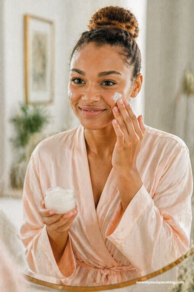 Woman in a soft robe applying facial moisturizer to her cheek while looking into a mirror, holding a jar of cream in a bright, clean bathroom with a calm, spa-like feel.