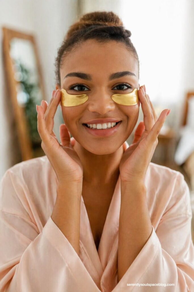 Close-up of a smiling woman with glowing skin wearing gold under-eye gel patches, gently touching her face during a skincare routine in a softly lit, cozy indoor setting.