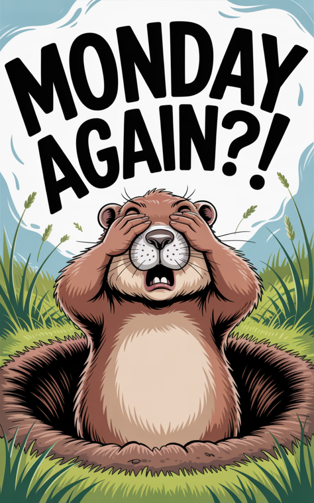 Whimsical illustration of a groundhog popping out of its burrow with an expression of absolute terror, detailed fur texture and flowing whiskers, rich color palette flowing from underground browns through grass greens to sky blues, dramatic pose with paws covering eyes, high-quality professional character art with dynamic lighting effects, minimal background with a large "MONDAY AGAIN?!" shadow looming overhead and floating weekend memories fading away