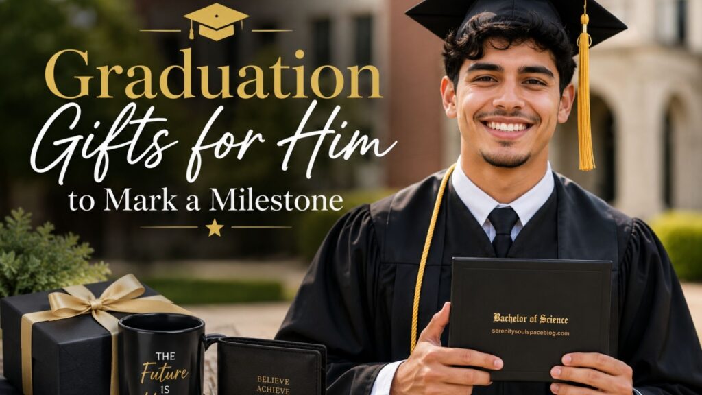Excited college graduate in a black cap and gown holding his diploma on a university campus, surrounded by elegant graduation gifts including a black-and-gold gift box, mug, and wallet. The image features the text overlay “Graduation Gifts for Him to Mark a Milestone” in gold and white lettering against a warm outdoor background.