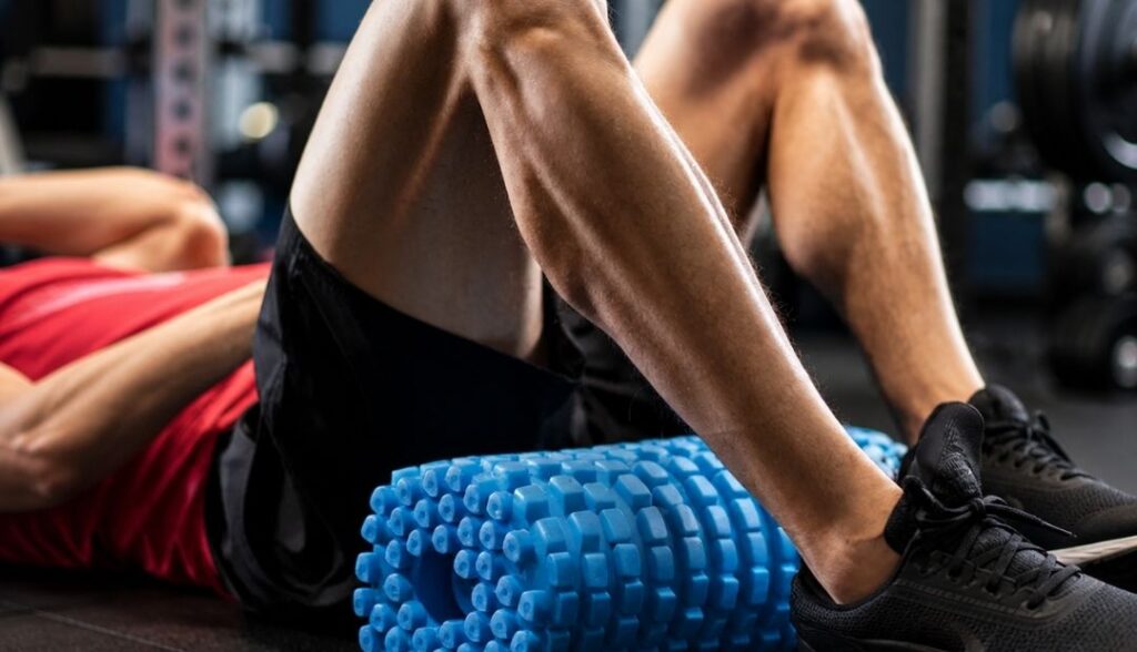 Close-up of a person lying on a gym floor using a textured blue foam roller under their legs, wearing black athletic shoes and workout shorts, with gym equipment blurred in the background.