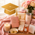 Elegant graduation gift flat lay featuring blush pink and gold luxury items, roses, perfume, jewelry, a candle, and a large gold graduation cap.