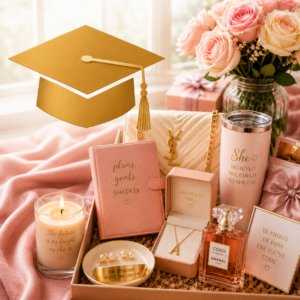 Elegant graduation gift flat lay featuring blush pink and gold luxury items, roses, perfume, jewelry, a candle, and a large gold graduation cap.