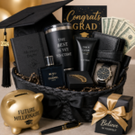 Luxury graduation gift basket for men featuring a black graduation cap with tassel, cologne, watch, leather wallet, cash, gold piggy bank, tumbler, journal, and wrapped gift boxes in a black-and-gold color theme.