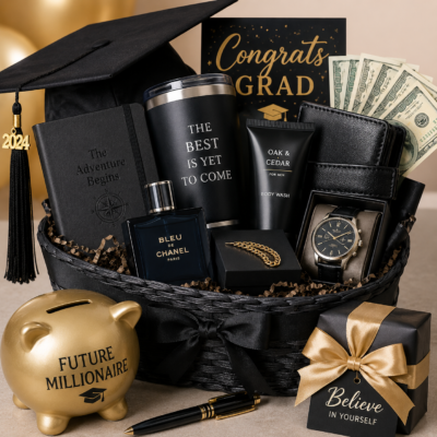 Luxury graduation gift basket for men featuring a black graduation cap with tassel, cologne, watch, leather wallet, cash, gold piggy bank, tumbler, journal, and wrapped gift boxes in a black-and-gold color theme.