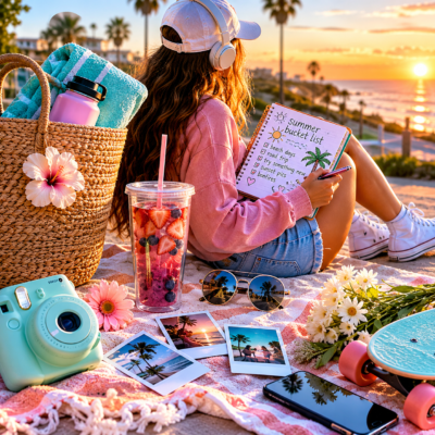 Square featured image showing four happy teenagers enjoying a summer beach picnic at sunset beside a turquoise jeep. The scene includes snacks, pizza, strawberries, a skateboard, a vintage record player, sunglasses, and a camera, capturing fun summer adventures and teen bucket list vibes.