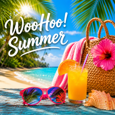 Bright tropical summer scene with palm trees, turquoise ocean water, pink sunglasses, a woven beach bag, orange drink, seashell, and vibrant white cursive text reading “WooHoo! Summer” over the palm tree background.