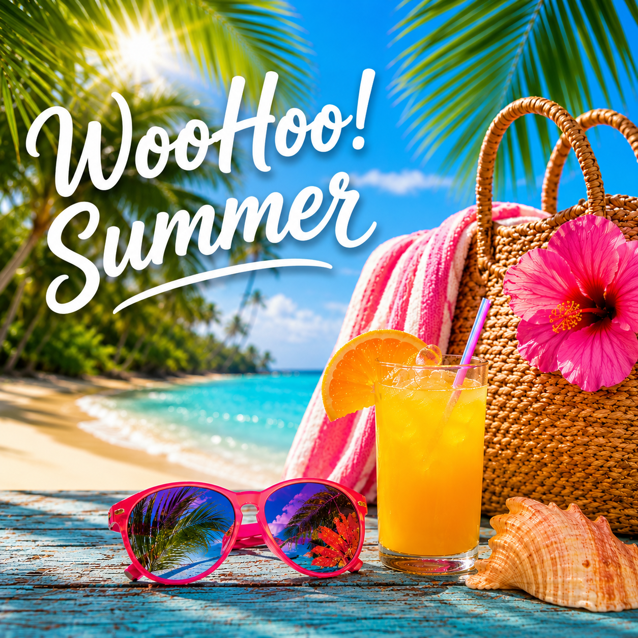 Bright tropical summer scene with palm trees, turquoise ocean water, pink sunglasses, a woven beach bag, orange drink, seashell, and vibrant white cursive text reading “WooHoo! Summer” over the palm tree background.