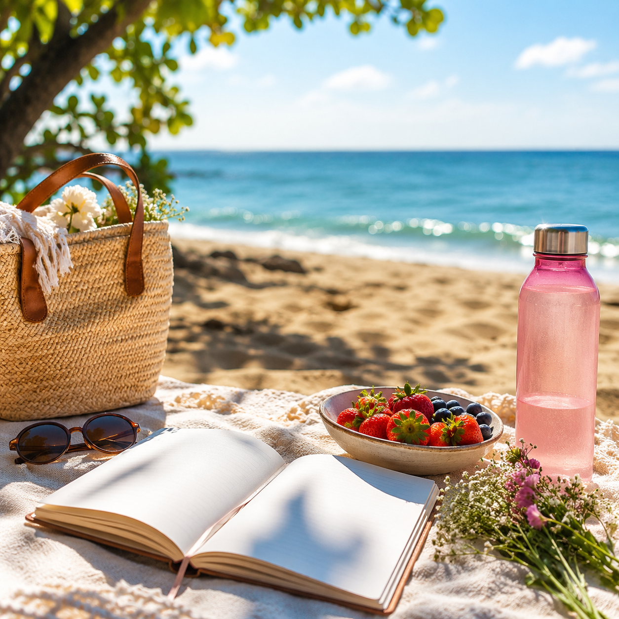 Bright summer beach scene with a cozy self-care setup featuring a straw tote bag, pink water bottle, fresh berries, sunglasses, flowers, and an open journal on a blanket beside the ocean under sunny blue skies.