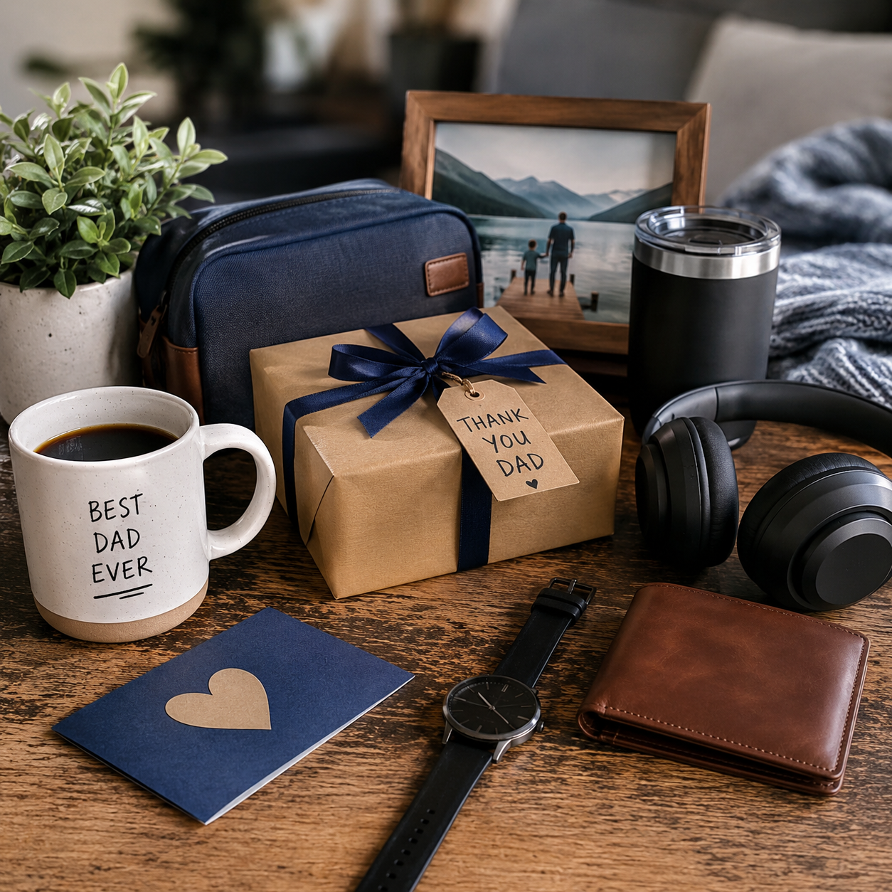Warm Father’s Day gift scene with wrapped presents, headphones, wallet, watch, coffee mug, and thoughtful gifts arranged on a wooden table.