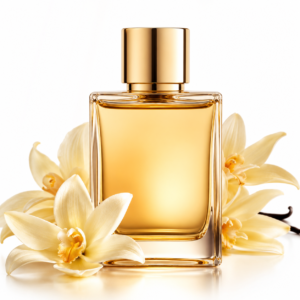 Luxury vanilla perfume bottle with glossy gold accents surrounded by soft cream-colored vanilla orchid flowers on a clean white background, creating an elegant high-end fragrance aesthetic.